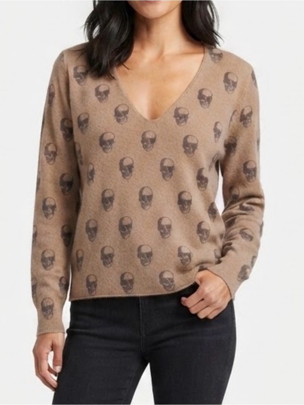 Skull Cashmere Tan Brown Skull Print V-Neck 100% Cashmere Sweater Size Small